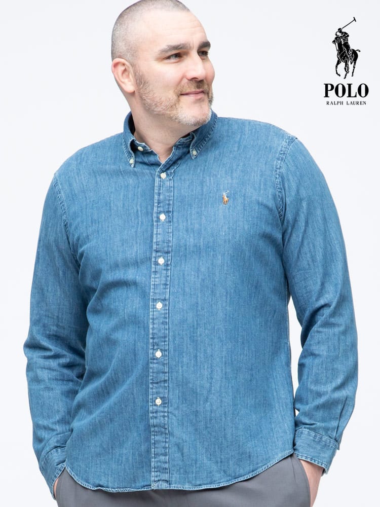 大きいサイズ メンズ RALPH LAUREN (ラルフローレン) ワンポイント ボタンダウン デニム 長袖 シャツ
