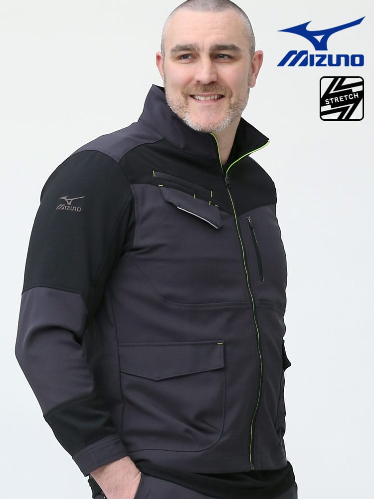 大きいサイズ メンズ MIZUNO (ミズノ) 高ストレッチ 消臭テープ 制電素材 切り替え フルジップ ワークジャケット 作業服 作業着 ワークウェア 仕事着 現場服