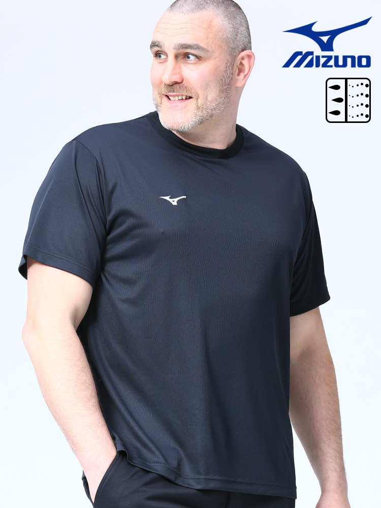 大きいサイズ メンズ MIZUNO (ミズノ) 吸汗速乾 UVカット ワンポイント クルーネック 半袖 Tシャツ