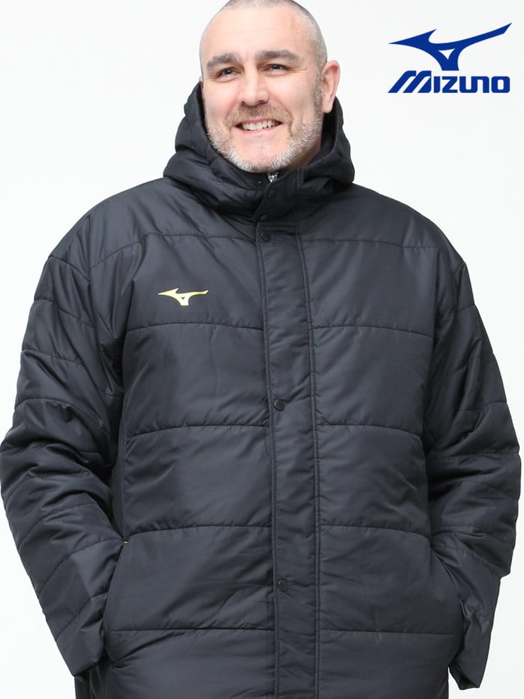 ベンチコート 大きいサイズ メンズ MIZUNO (ミズノ) 撥水 フード フルジップ 中綿 ロングコート スポーツ 防寒 トレーニング アウター