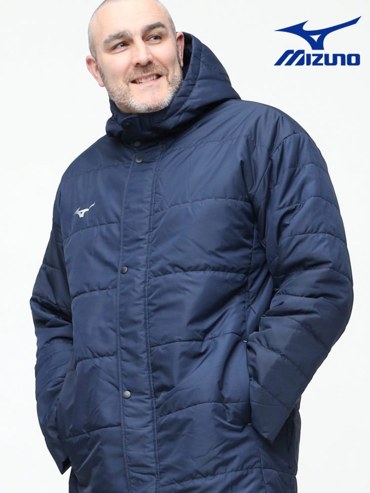 ベンチコート 大きいサイズ メンズ MIZUNO (ミズノ) 撥水 フード フルジップ 中綿 ロングコート スポーツ 防寒 トレーニング アウター
