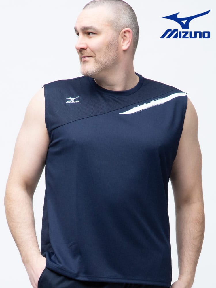 大きいサイズ メンズ MIZUNO (ミズノ) 吸汗速乾 UVカット 切り替え クルーネック ノースリーブ シャツ