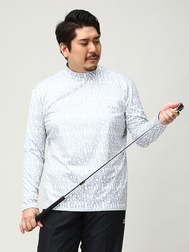 在庫処分 返品交換不可 大きいサイズ メンズ MIZUNO (ミズノ) ゴルフ 裏微起毛 総柄 ハイネック 長袖 Tシャツ