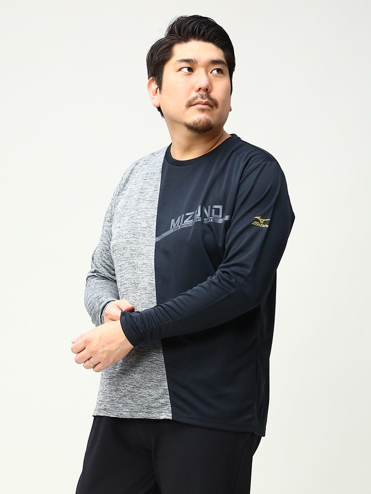 大きいサイズ メンズ MIZUNO (ミズノ) 吸汗速乾 UVカット クルーネック 長袖 Tシャツ