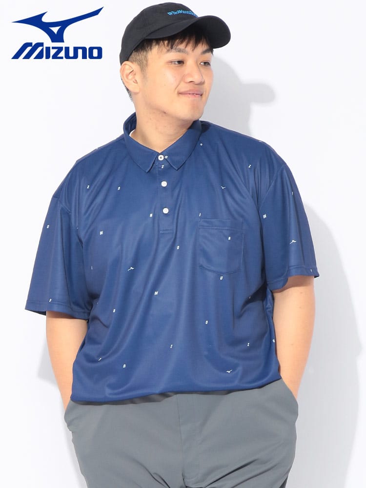ゴルフ ポロシャツ半袖 MIZUNO GOLF メンズ 大きいサイズ 吸汗速乾 ロゴ総柄 ドライ ゴルフ シャツ トップス カットソー スポーツ ドライ