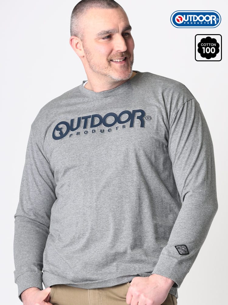 大きいサイズ メンズ OUTDOOR PRODUCTS (アウトドアプロダクツ) 天竺 エンボス ロゴプリント クルーネック 長袖 Tシャツ ロンT