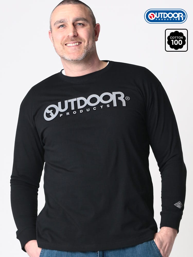 大きいサイズ メンズ OUTDOOR PRODUCTS (アウトドアプロダクツ) 天竺 エンボス ロゴプリント クルーネック 長袖 Tシャツ ロンT