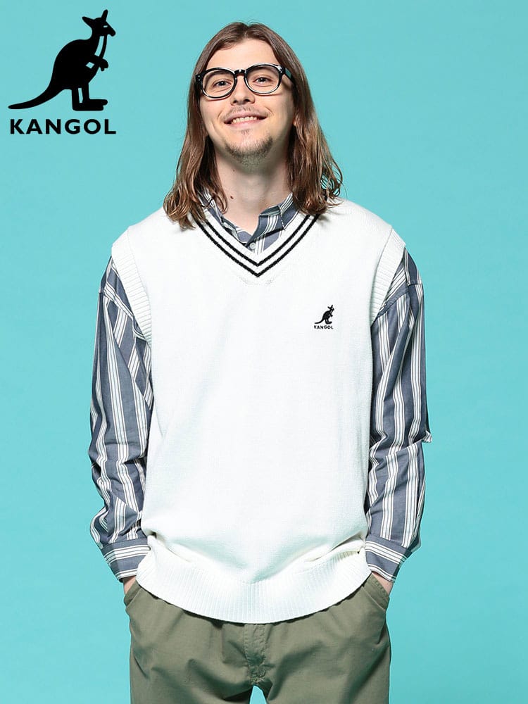 KANGOL (カンゴール) ライン 胸ロゴ Vネック ニット ベスト