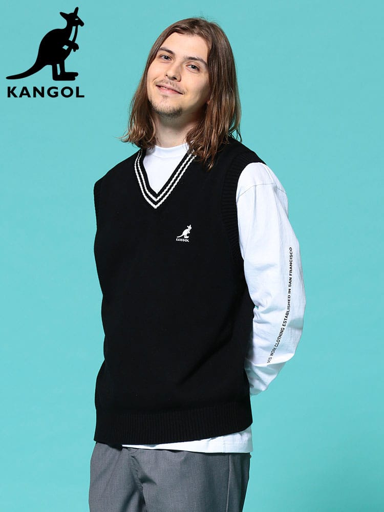 KANGOL (カンゴール) ライン 胸ロゴ Vネック ニット ベスト
