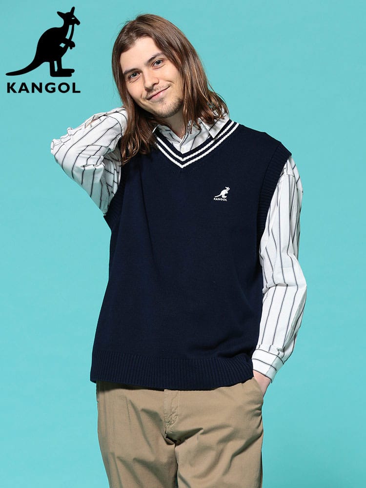 KANGOL (カンゴール) ライン 胸ロゴ Vネック ニット ベスト