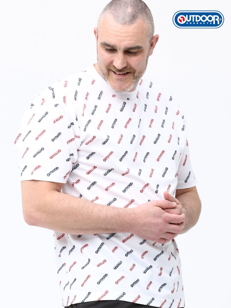 大きいサイズ メンズ OUTDOOR PRODUCTS (アウトドアプロダクツ) ドライ ロゴ総柄 クルーネック 半袖 Tシャツ