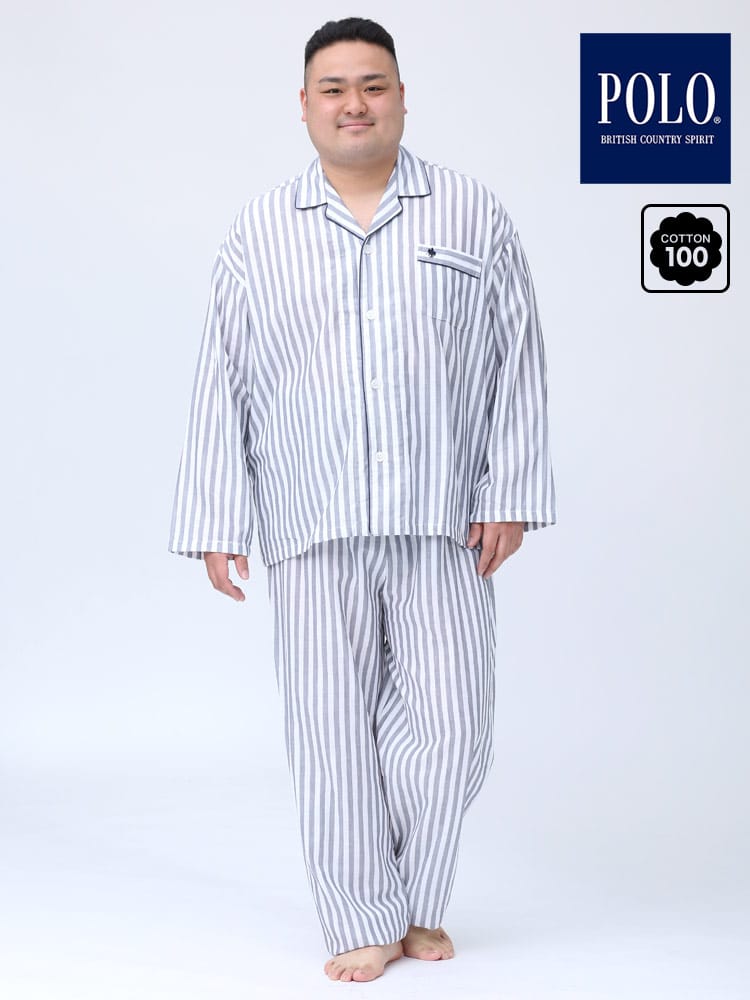 大きいサイズ メンズ POLO BCS (ポロ ビーシーエス) コットンガーゼ ストライプ 前開き 長袖 長ズボン 上下セット パジャマ 部屋着