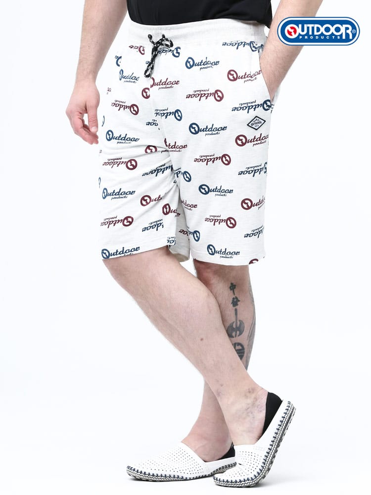大きいサイズ メンズ OUTDOOR PRODUCTS (アウトドアプロダクツ) 裏毛 総柄ロゴ 前閉じ ショートパンツ