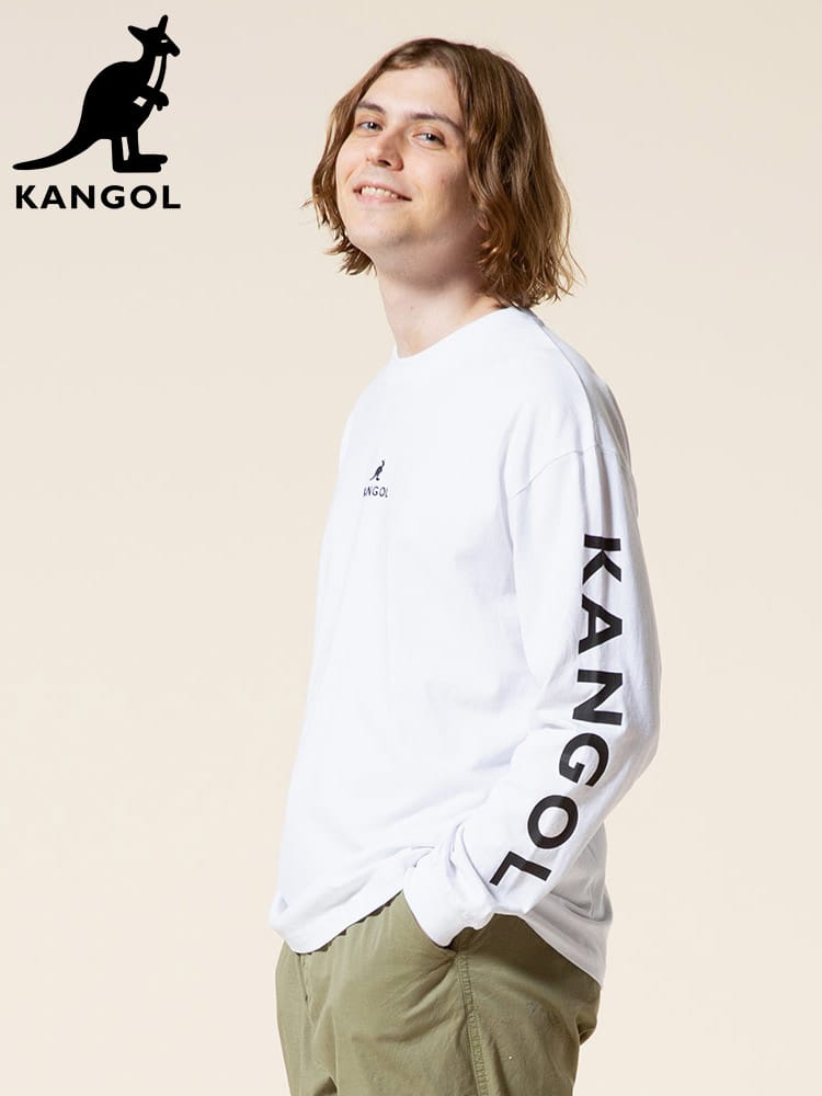 KANGOL (カンゴール) 天竺 アームプリント ロゴ刺繍 クルーネック 長袖 Tシャツ オーバーサイズ