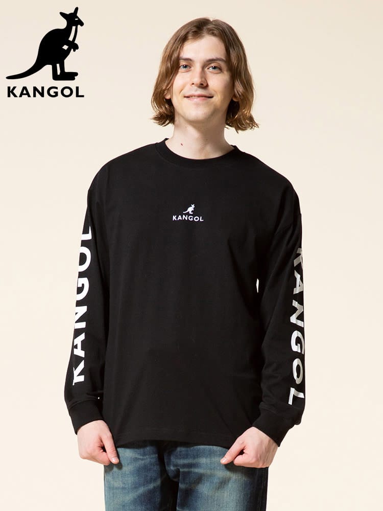 KANGOL (カンゴール) 天竺 アームプリント ロゴ刺繍 クルーネック 長袖 Tシャツ オーバーサイズ