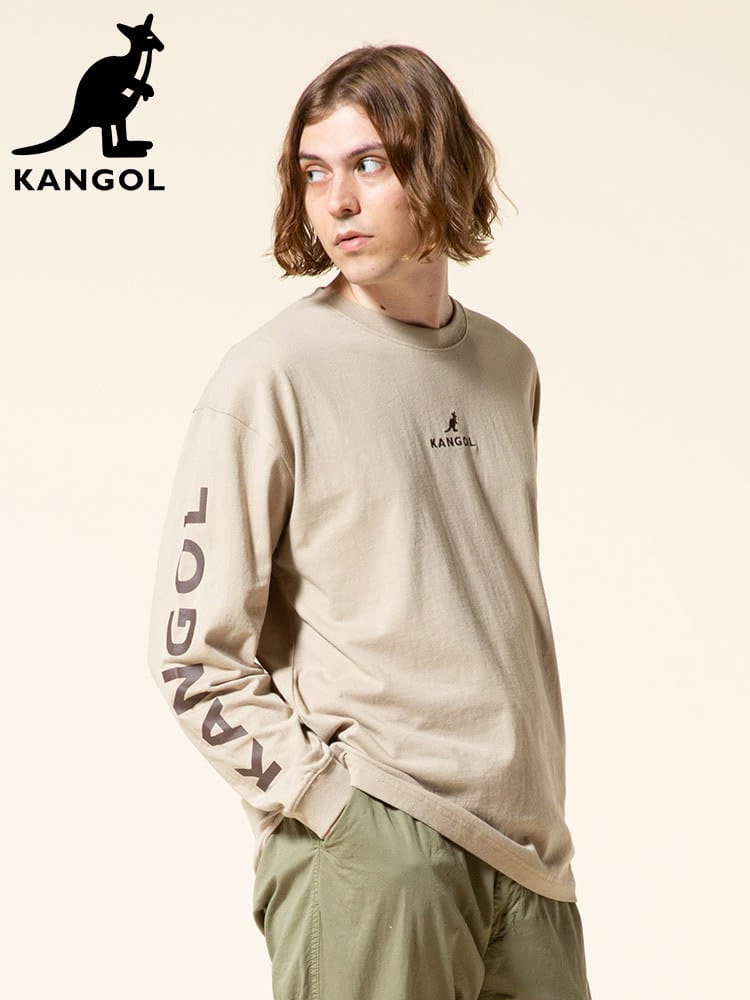 KANGOL (カンゴール) 天竺 アームプリント ロゴ刺繍 クルーネック 長袖 Tシャツ オーバーサイズ