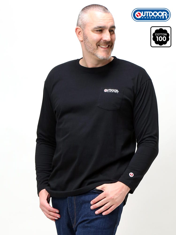大きいサイズ メンズ OUTDOOR PRODUCTS (アウトドアプロダクツ) 天竺 ロゴ刺繍 ポケット クルーネック 長袖 Tシャツ ロンT