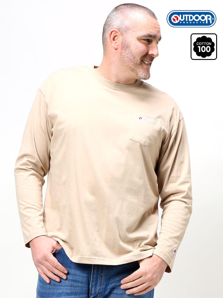 大きいサイズ メンズ OUTDOOR PRODUCTS (アウトドアプロダクツ) 天竺 ロゴ刺繍 ポケット クルーネック 長袖 Tシャツ ロンT