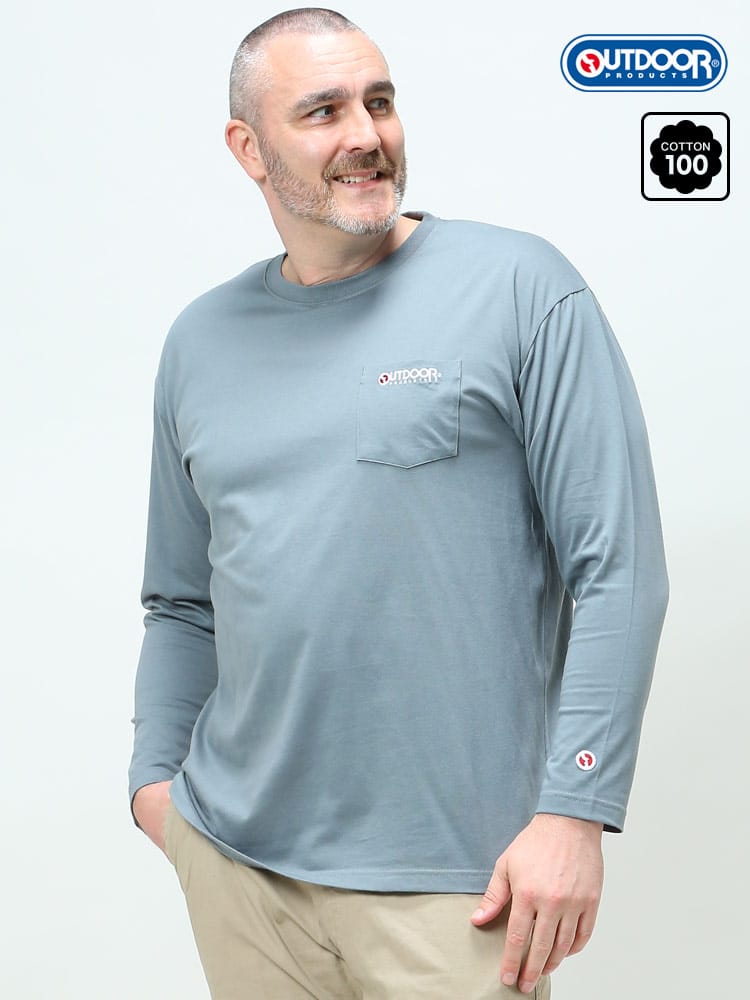 大きいサイズ メンズ OUTDOOR PRODUCTS (アウトドアプロダクツ) 天竺 ロゴ刺繍 ポケット クルーネック 長袖 Tシャツ ロンT