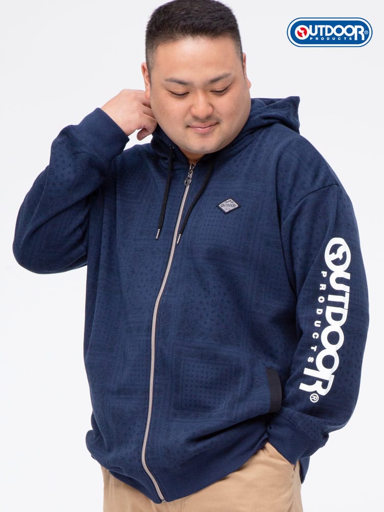 大きいサイズ メンズ OUTDOOR PRODUCTS (アウトドアプロダクツ) ダンボール 総柄 フルジップ 長袖 パーカー