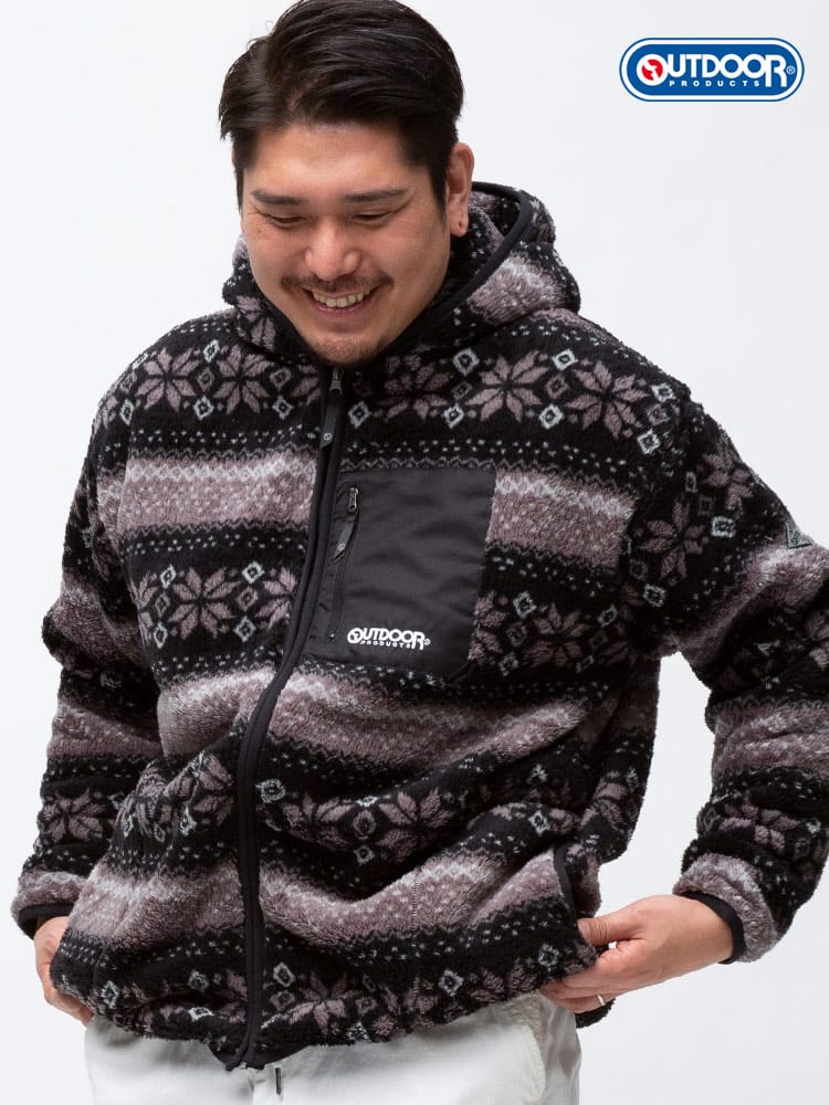 大きいサイズ メンズ OUTDOOR PRODUCTS (アウトドアプロダクツ) 総柄 ポケット フルジップ ボアフリース パーカー