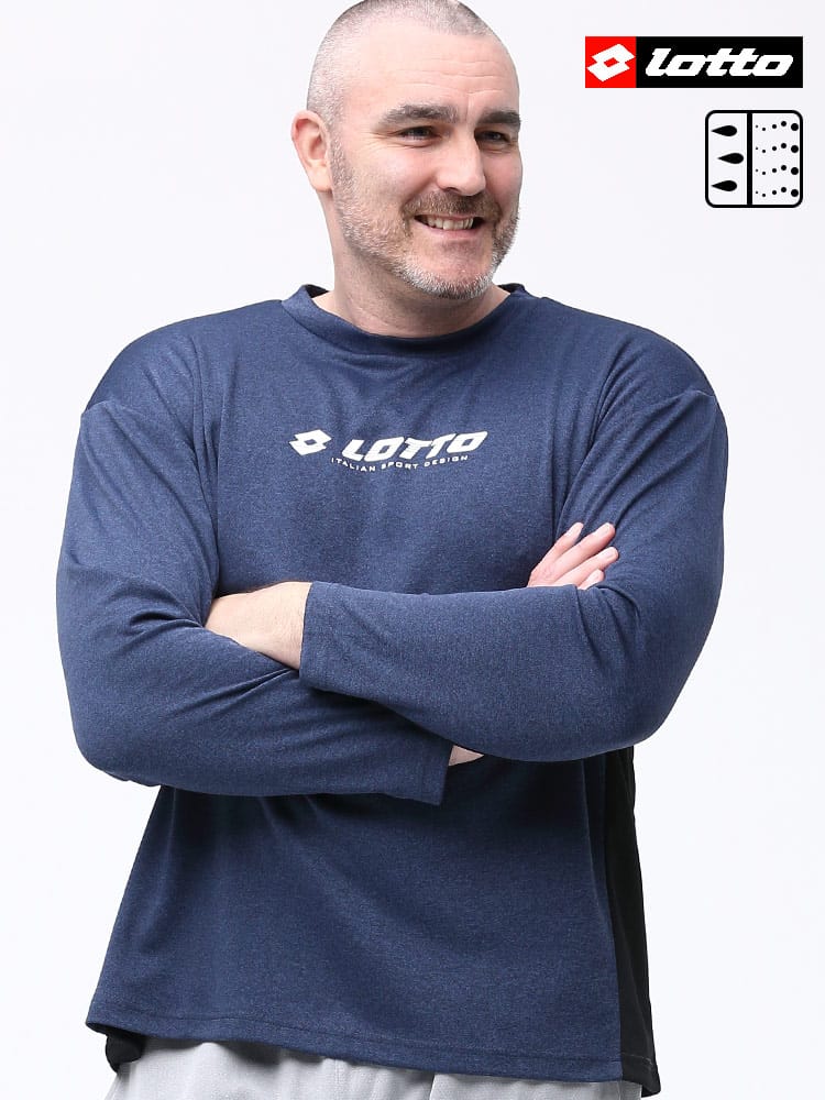 大きいサイズ メンズ Lotto (ロット) ドライメッシュ 再帰反射 ロゴプリント クルーネック 長袖 Tシャツ ロンT