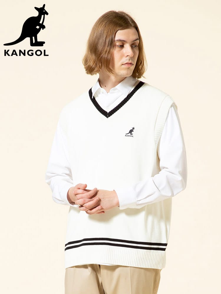 KANGOL (カンゴール) ワンポイント ライン Vネック チルデン ニットベスト