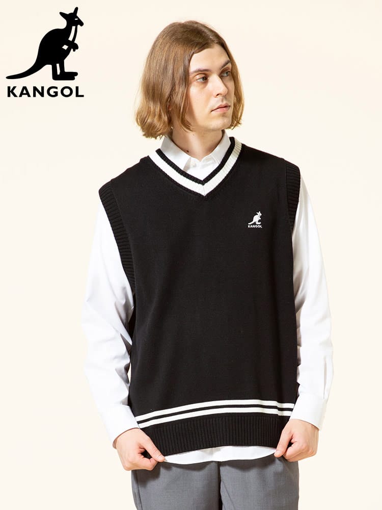 KANGOL (カンゴール) ワンポイント ライン Vネック チルデン ニットベスト