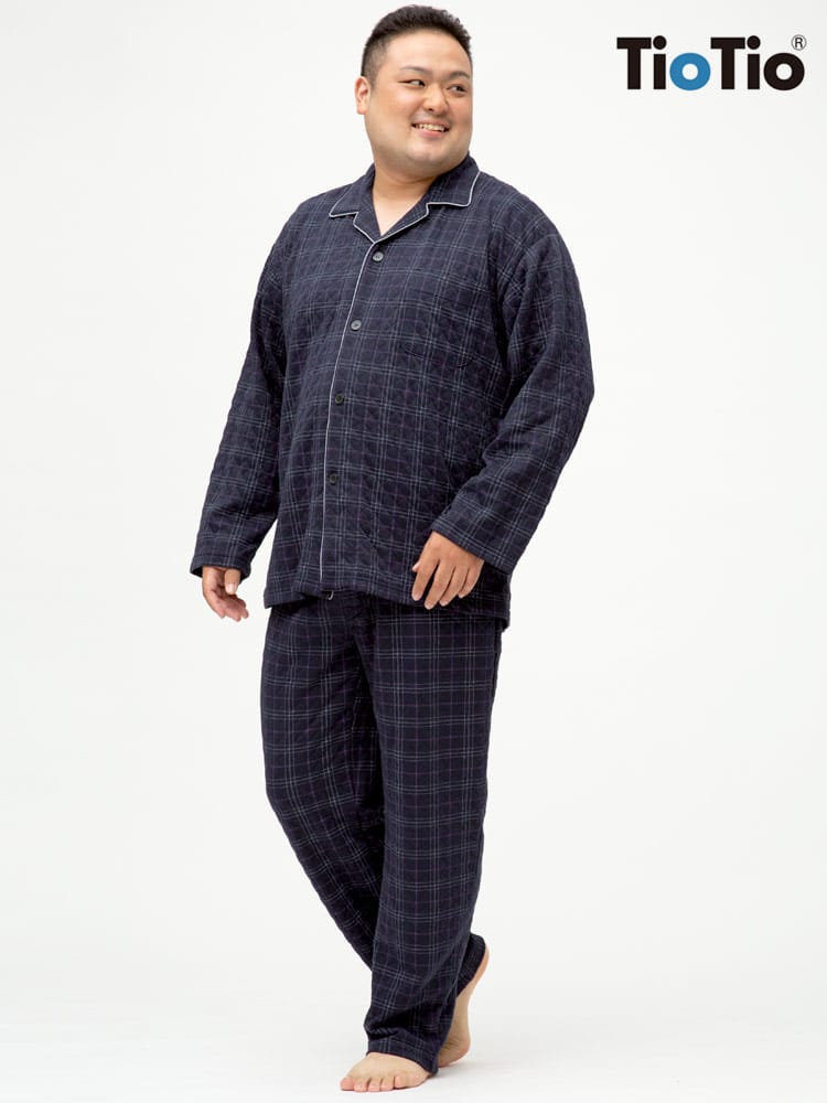 在庫処分 返品交換不可 大きいサイズ メンズ TioTio (ティオティオ) 抗菌防臭 キルト チェック ポケット 長袖 ロングパンツ パジャマ 部屋着