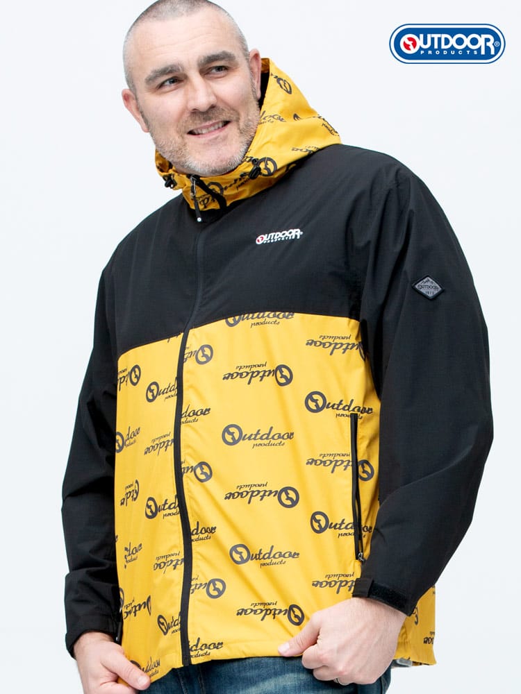 大きいサイズ メンズ OUTDOOR PRODUCTS (アウトドアプロダクツ) 裏メッシュ 切り替え総柄ロゴ フルジップ パーカー