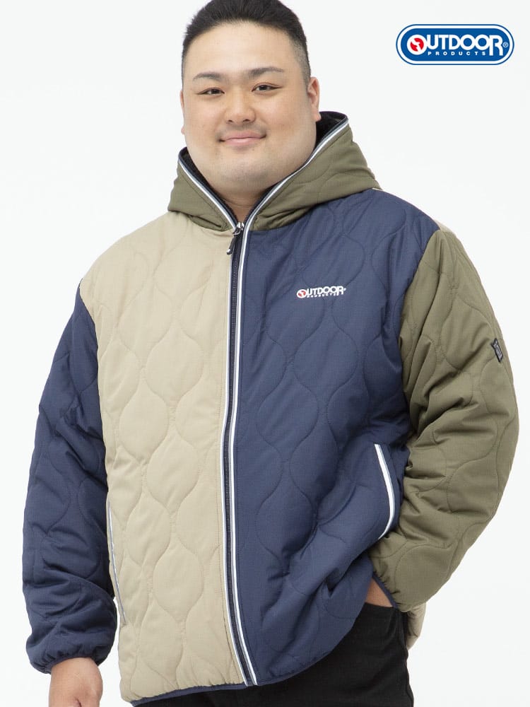 大きいサイズ メンズ OUTDOOR PRODUCTS (アウトドアプロダクツ) フード裏ボア フルジップ キルト 中綿 ジャケット