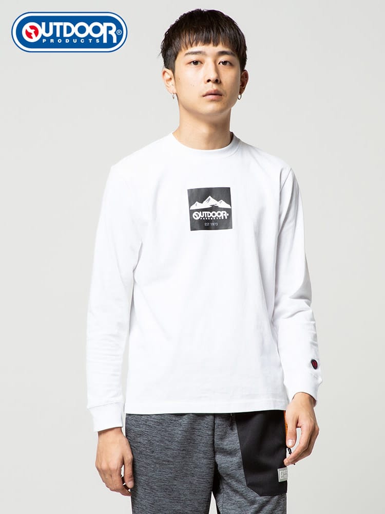 OUTDOOR PRODUCTS (アウトドアプロダクツ) 天竺 BOXロゴ クルーネック 長袖 Tシャツ