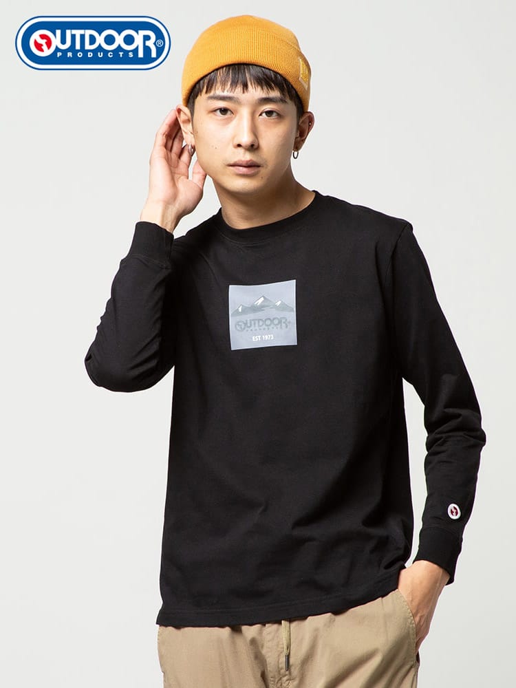 OUTDOOR PRODUCTS (アウトドアプロダクツ) 天竺 BOXロゴ クルーネック 長袖 Tシャツ