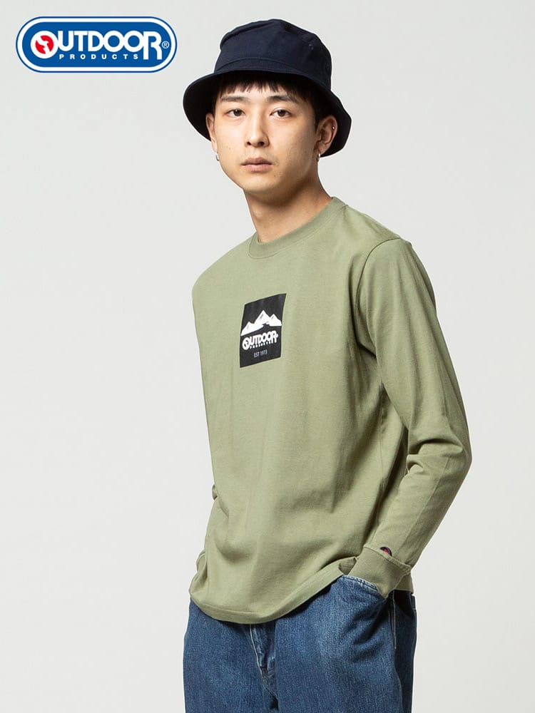 OUTDOOR PRODUCTS (アウトドアプロダクツ) 天竺 BOXロゴ クルーネック 長袖 Tシャツ