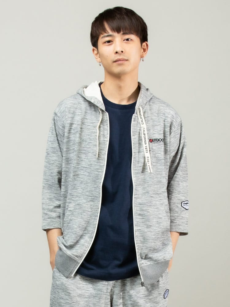 OUTDOOR PRODUCTS (アウトドアプロダクツ) 裏毛 総柄 フード フルジップ 7分袖 パーカー