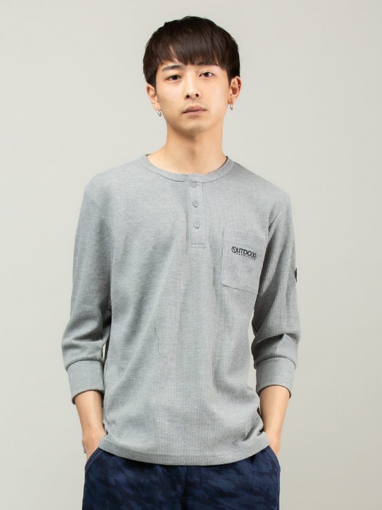 OUTDOOR PRODUCTS (アウトドアプロダクツ) ワッフル ポケット ヘンリーネック 7分袖 Tシャツ