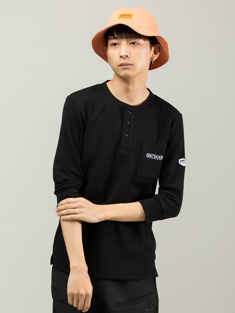 OUTDOOR PRODUCTS (アウトドアプロダクツ) ワッフル ポケット ヘンリーネック 7分袖 Tシャツ
