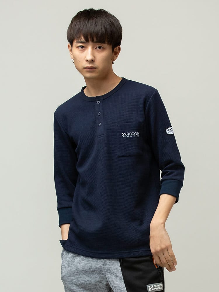 OUTDOOR PRODUCTS (アウトドアプロダクツ) ワッフル ポケット ヘンリーネック 7分袖 Tシャツ