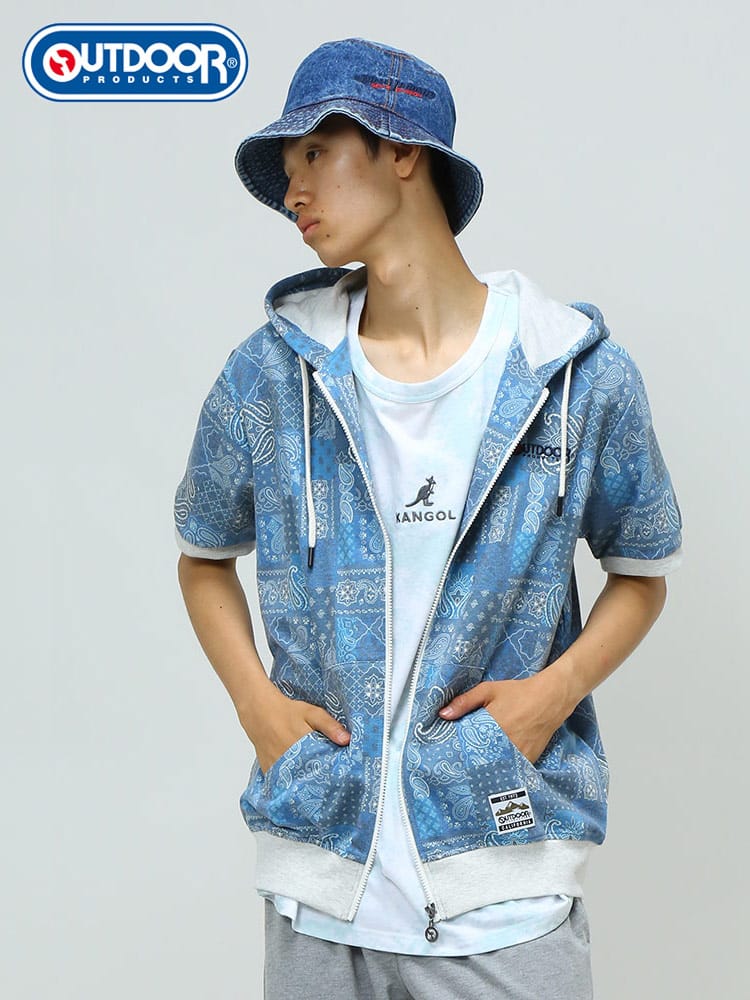 OUTDOOR PRODUCTS (アウトドアプロダクツ) 裏毛 総柄プリント フルジップ 半袖 パーカー