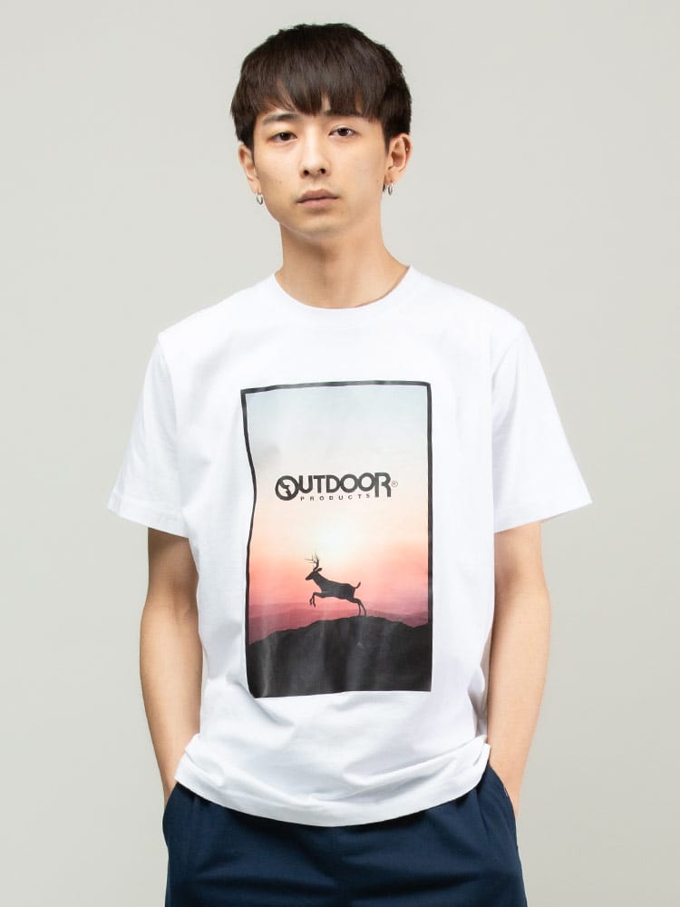 OUTDOOR PRODUCTS (アウトドアプロダクツ) 天竺 夕日プリント クルーネック 半袖 Tシャツ