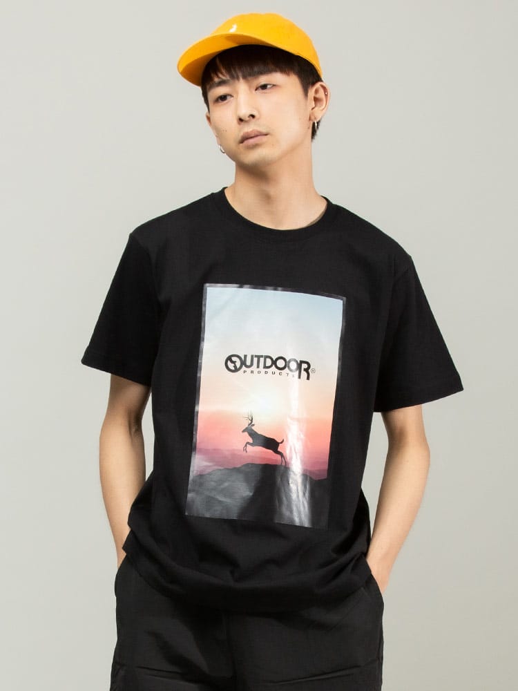 OUTDOOR PRODUCTS (アウトドアプロダクツ) 天竺 夕日プリント クルーネック 半袖 Tシャツ