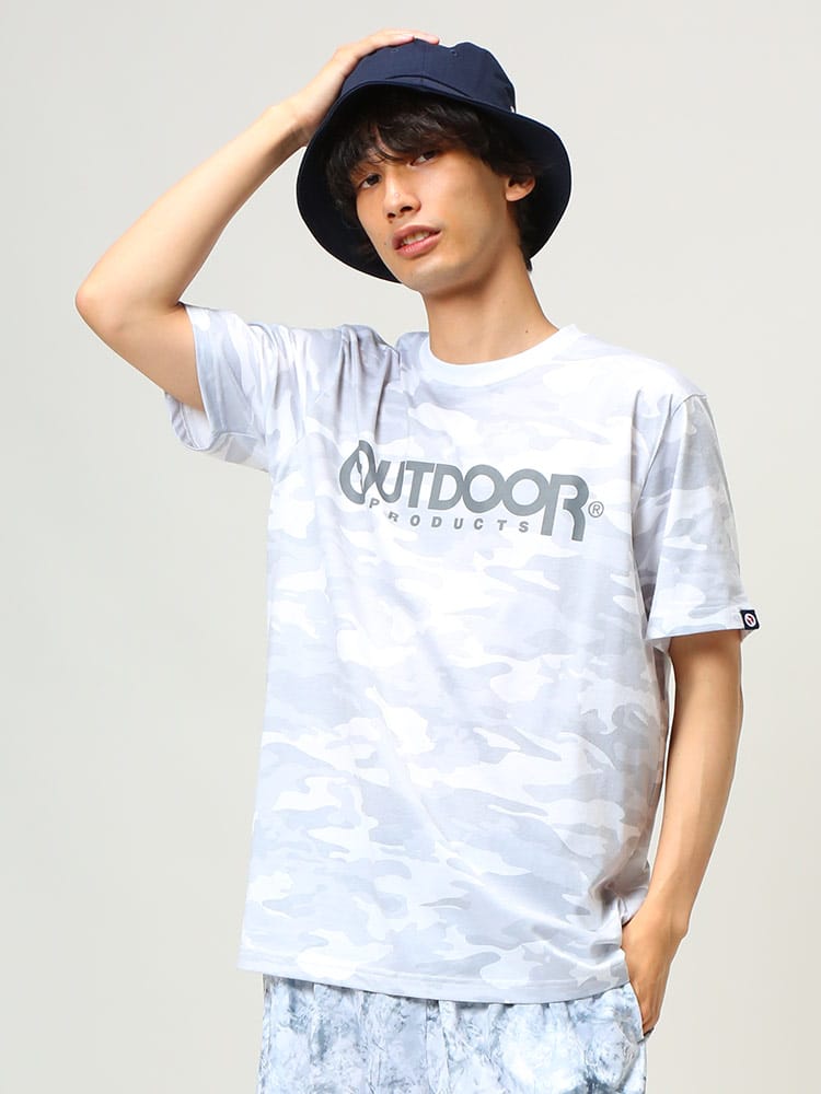 OUTDOOR PRODUCTS (アウトドアプロダクツ) 天竺 ロゴプリント 迷彩 クルーネック 半袖 Tシャツ