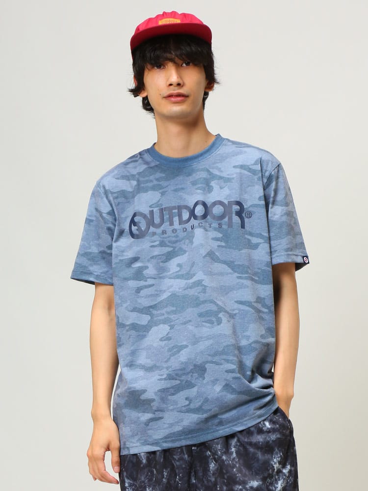 OUTDOOR PRODUCTS (アウトドアプロダクツ) 天竺 ロゴプリント 迷彩 クルーネック 半袖 Tシャツ