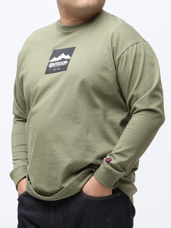 大きいサイズ メンズ OUTDOOR PRODUCTS (アウトドアプロダクツ) 天竺 BOXロゴ クルーネック 長袖 Tシャツ ロンT