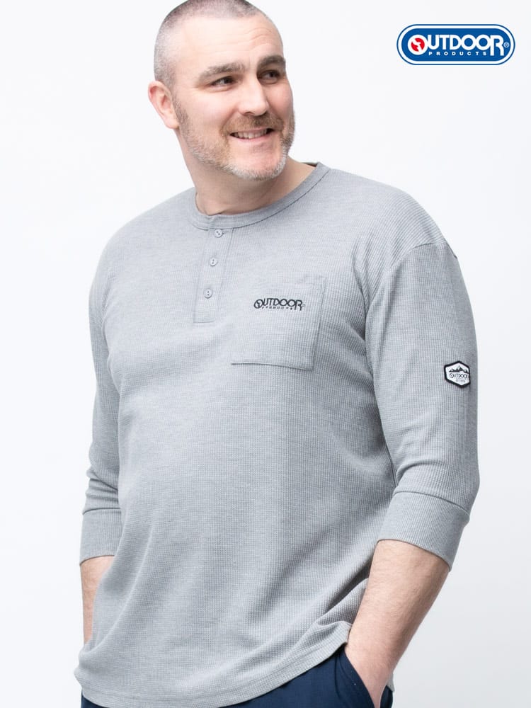 大きいサイズ メンズ OUTDOOR PRODUCTS (アウトドアプロダクツ) ワッフル ポケット ヘンリーネック 7分袖 Tシャツ