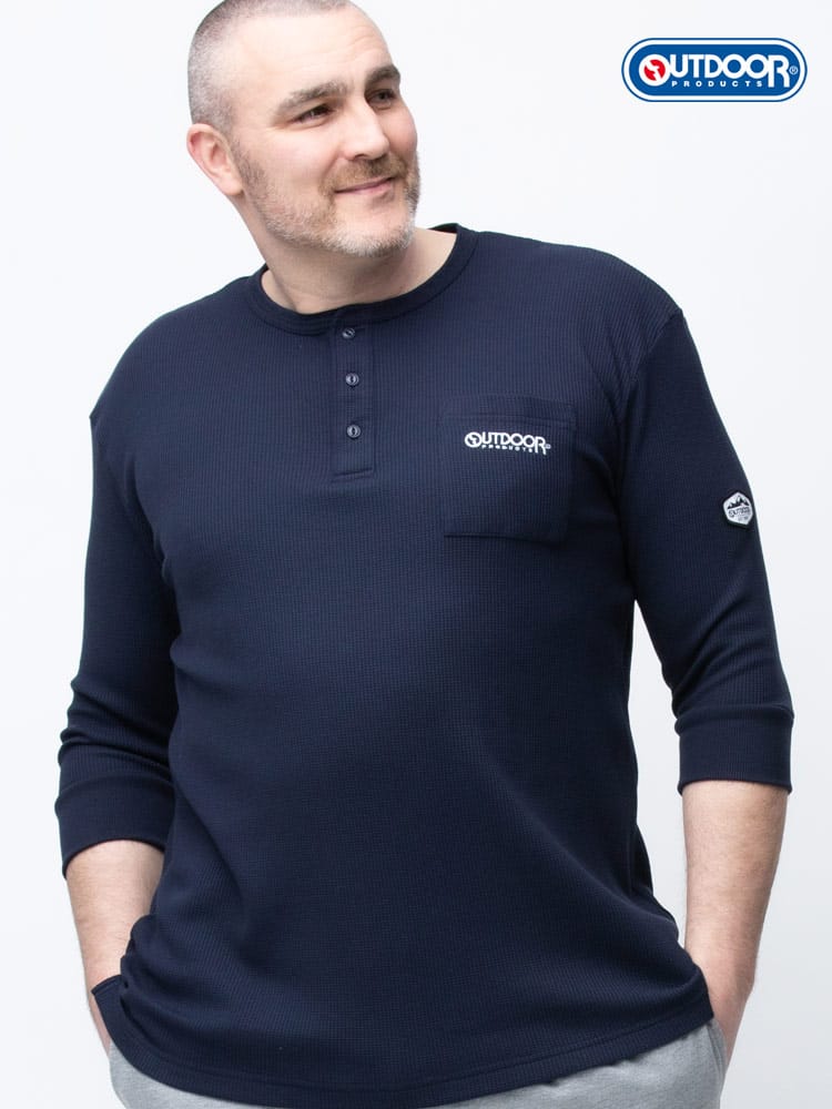 大きいサイズ メンズ OUTDOOR PRODUCTS (アウトドアプロダクツ) ワッフル ポケット ヘンリーネック 7分袖 Tシャツ