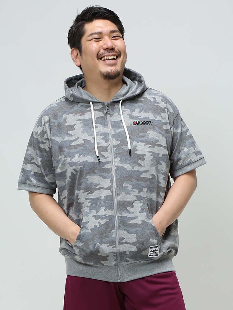 大きいサイズ メンズ OUTDOOR PRODUCTS (アウトドアプロダクツ) 裏毛 総柄プリント フルジップ 半袖 パーカー