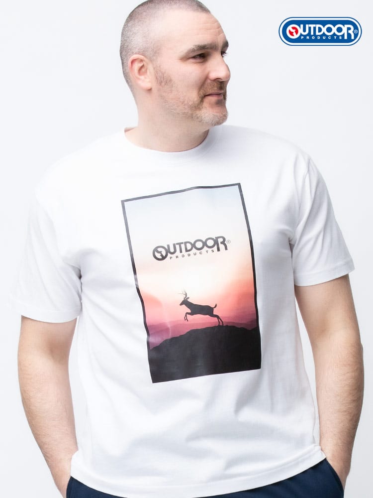 在庫処分 返品交換不可 大きいサイズ メンズ OUTDOOR PRODUCTS (アウトドアプロダクツ) 天竺 夕日プリント クルーネック 半袖 Tシャツ