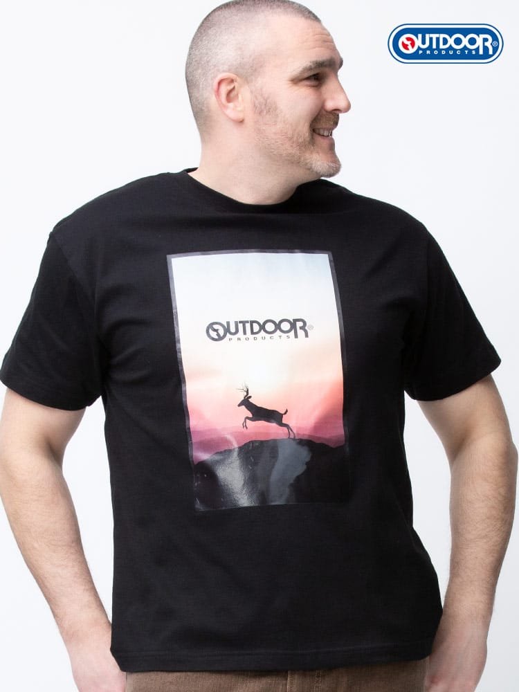 在庫処分 返品交換不可 大きいサイズ メンズ OUTDOOR PRODUCTS (アウトドアプロダクツ) 天竺 夕日プリント クルーネック 半袖 Tシャツ