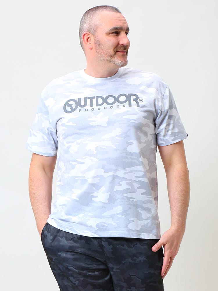 大きいサイズ メンズ OUTDOOR PRODUCTS (アウトドアプロダクツ) 天竺 迷彩 ロゴプリント クルーネック 半袖 Tシャツ